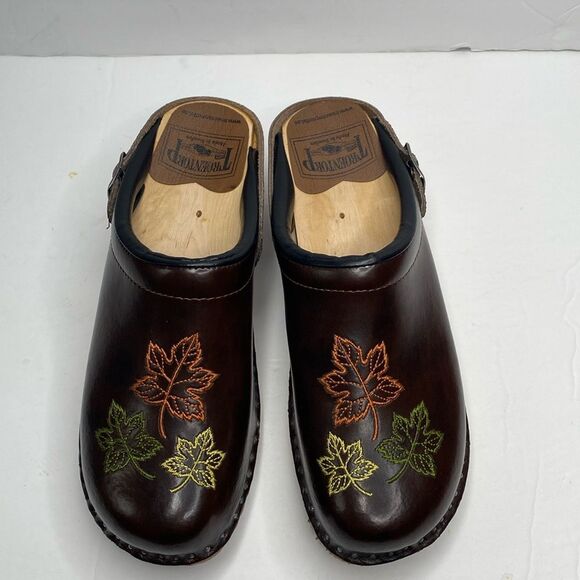 Troentorp Made In Sweden Brown Wooden Heel Embroidered Mule Clogs - Picture 2 of 11